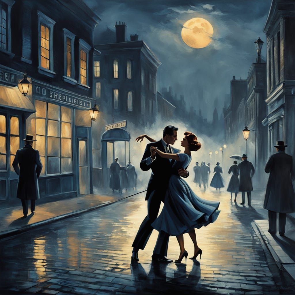 Couple Dancing Tango in Misty 1960s Streetscape