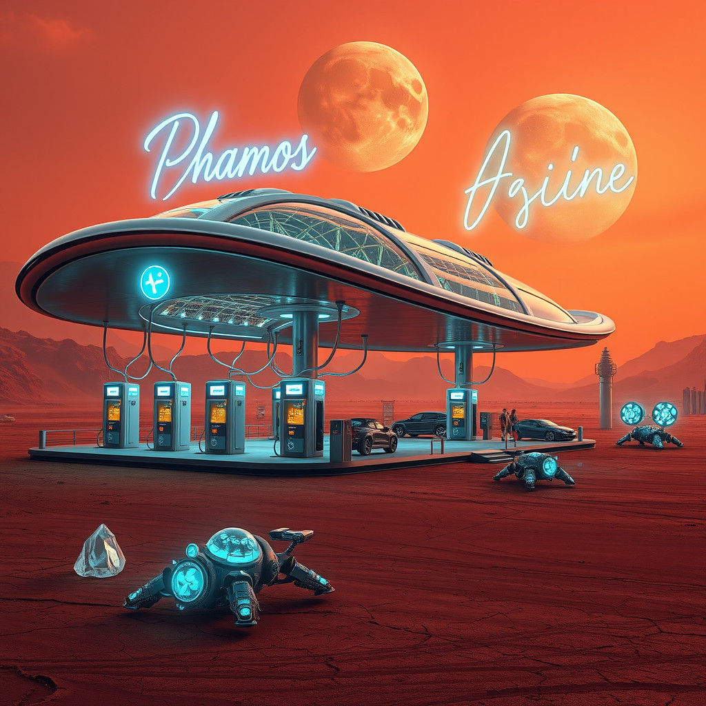 Retrofuturistic Gas Station on Mars in Sci-Fi Style