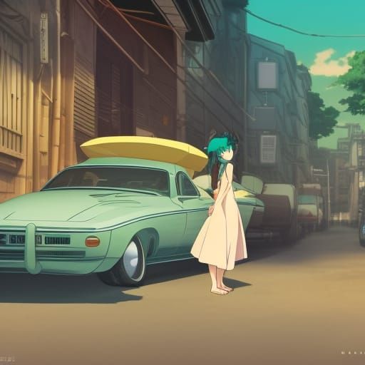 Girl with Cat Ears on Vintage Car in Anime Style