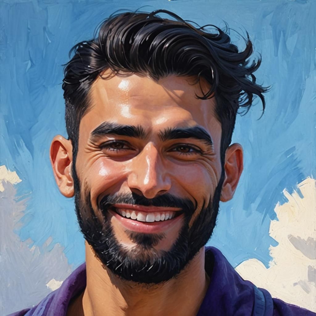 Joyful Man with Black Beard in Impasto Gouache Style