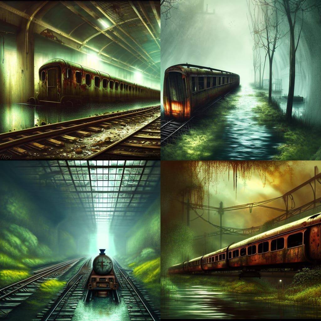 Abandoned Rusted Train in Flooded Underground Tunnel