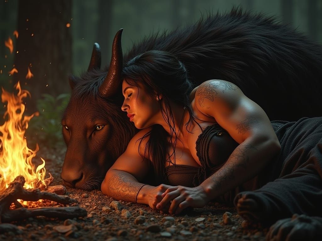 Muscular Barbarian Warrior Rests By Firelight