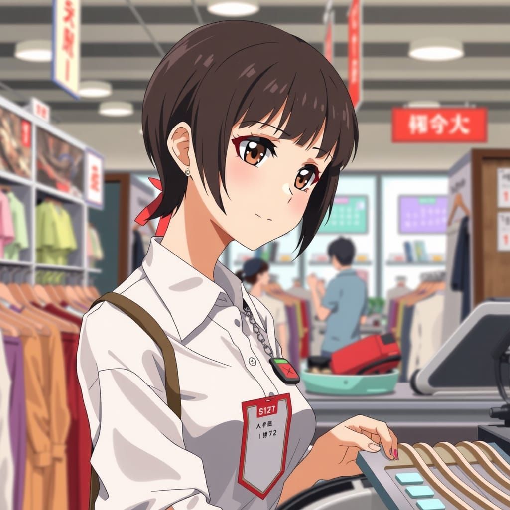 Anime Cashier in a Bustling Clothing Store
