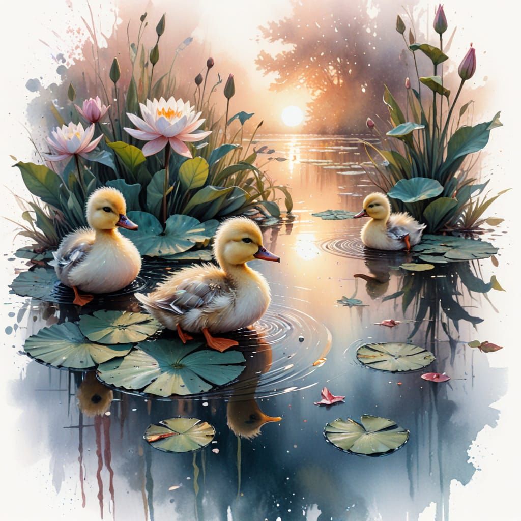 Ducklings in Pond with Water Lilies: Watercolor Art