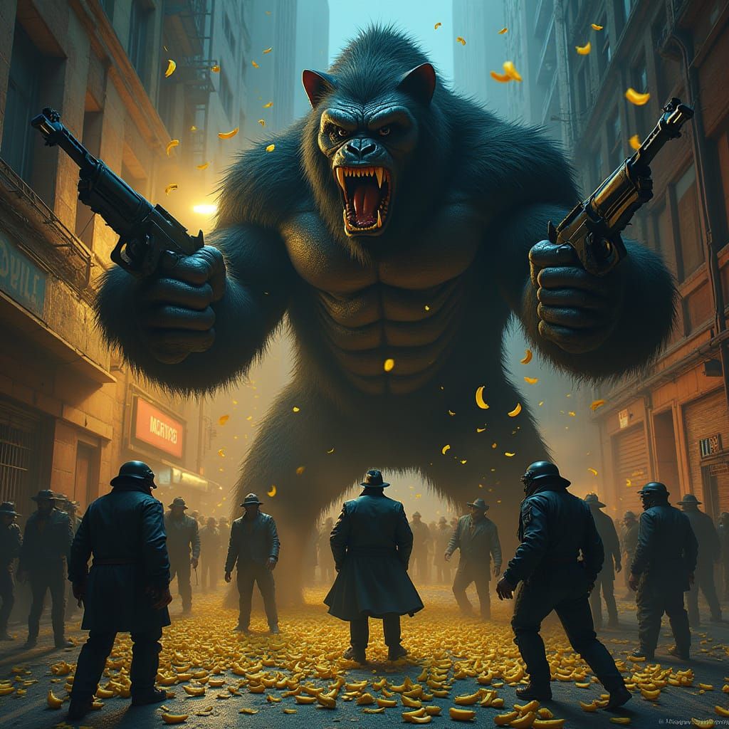 Monstrous Cat-Gorilla Unleashes Banana Barrage on Mobsters