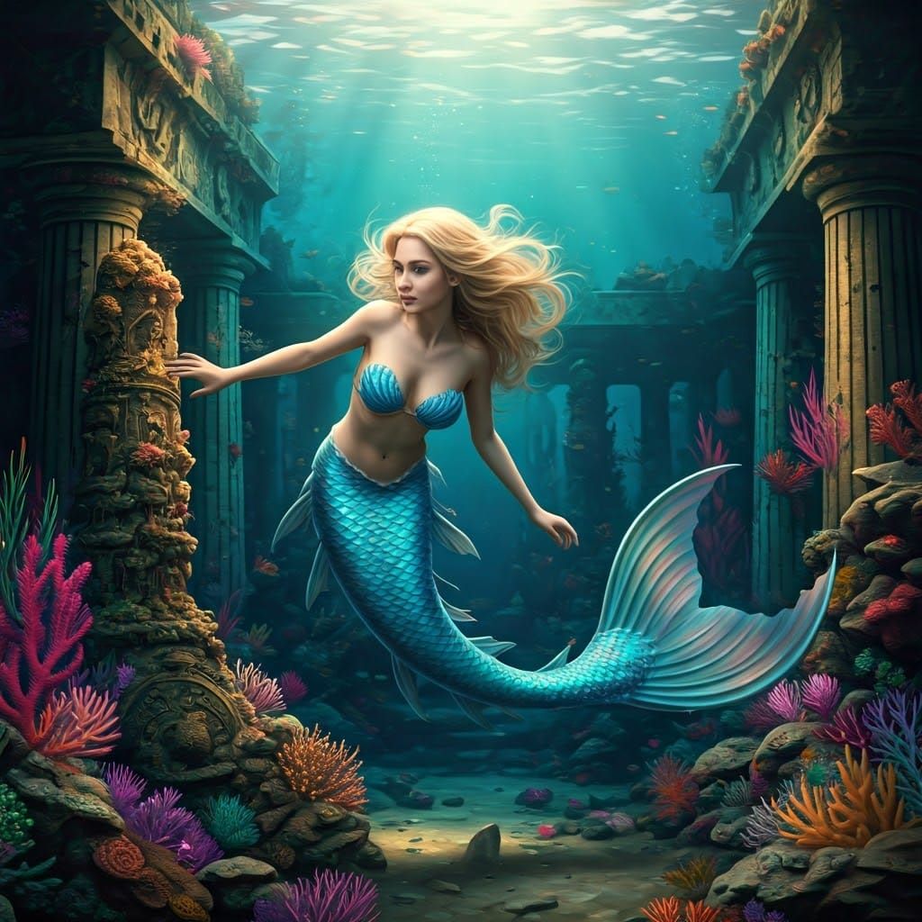 Ethereal Mermaid Swims Through Sunken City of Atlantis
