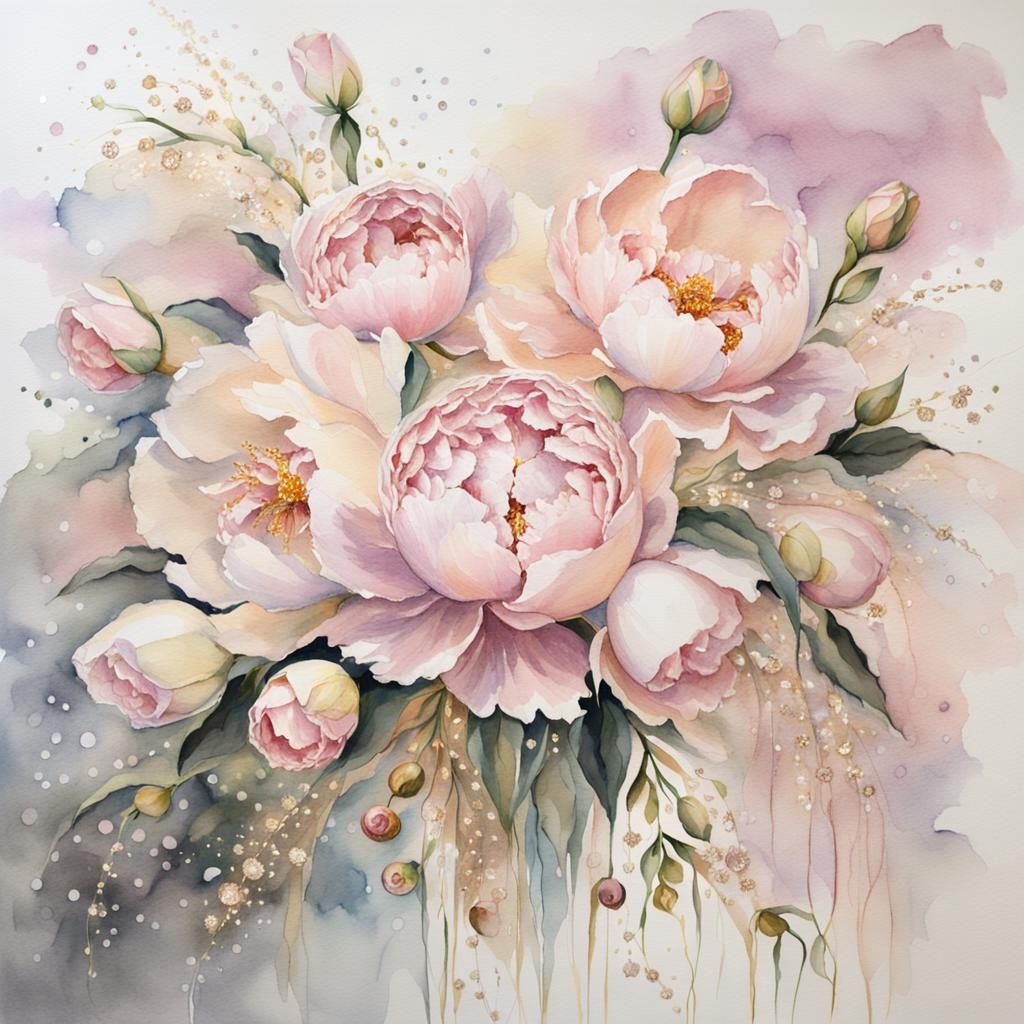 Watercolor Peonies, Roses, and Orchids with Glitter