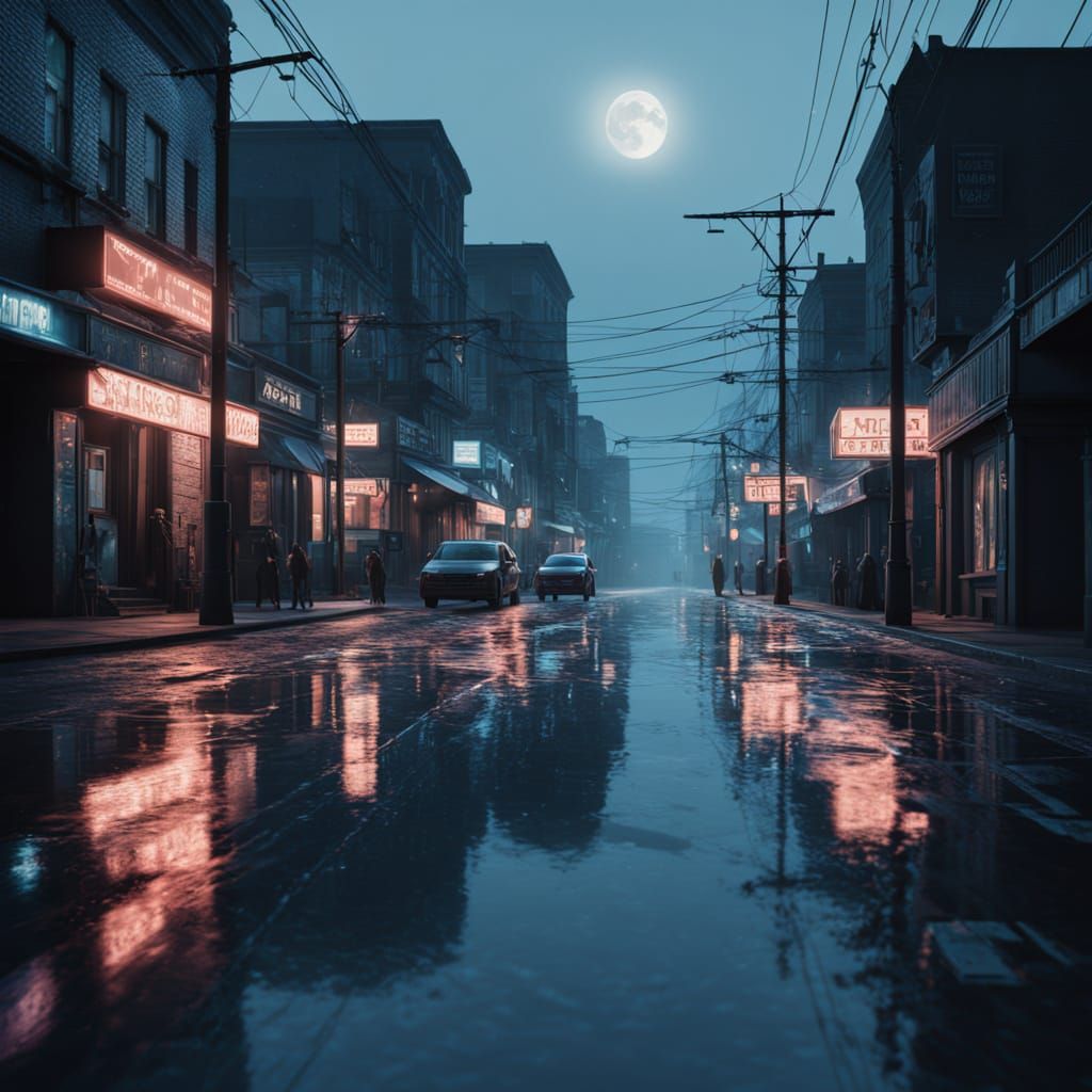 Seaside Boulevard at Night with Neon Reflections