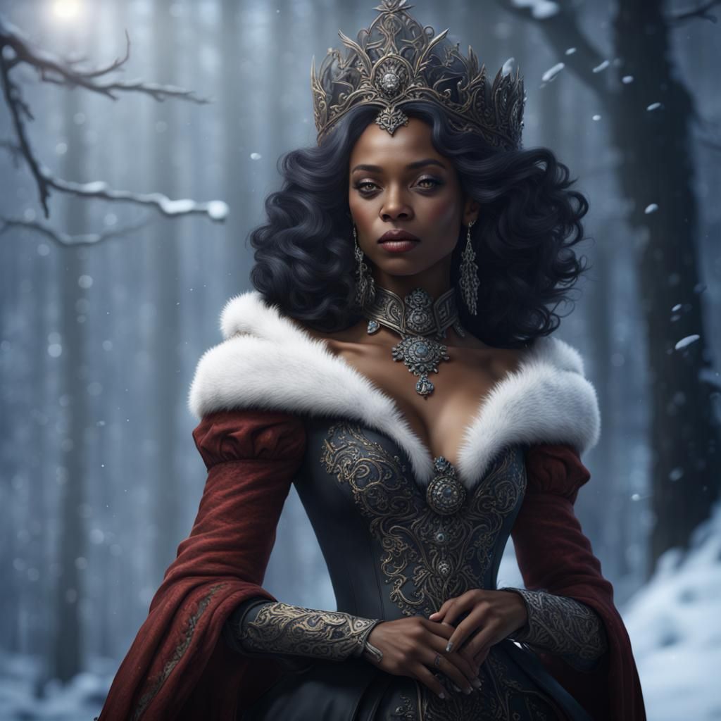 Beautiful Black Snow Queen in Detailed Digital Painting
