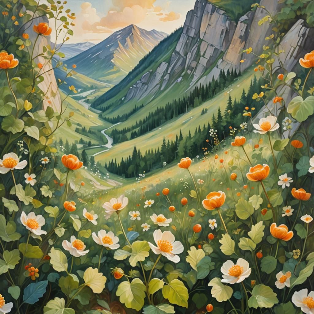 Whimsical Expressionist Cloudberry Blooms under a Mountain
