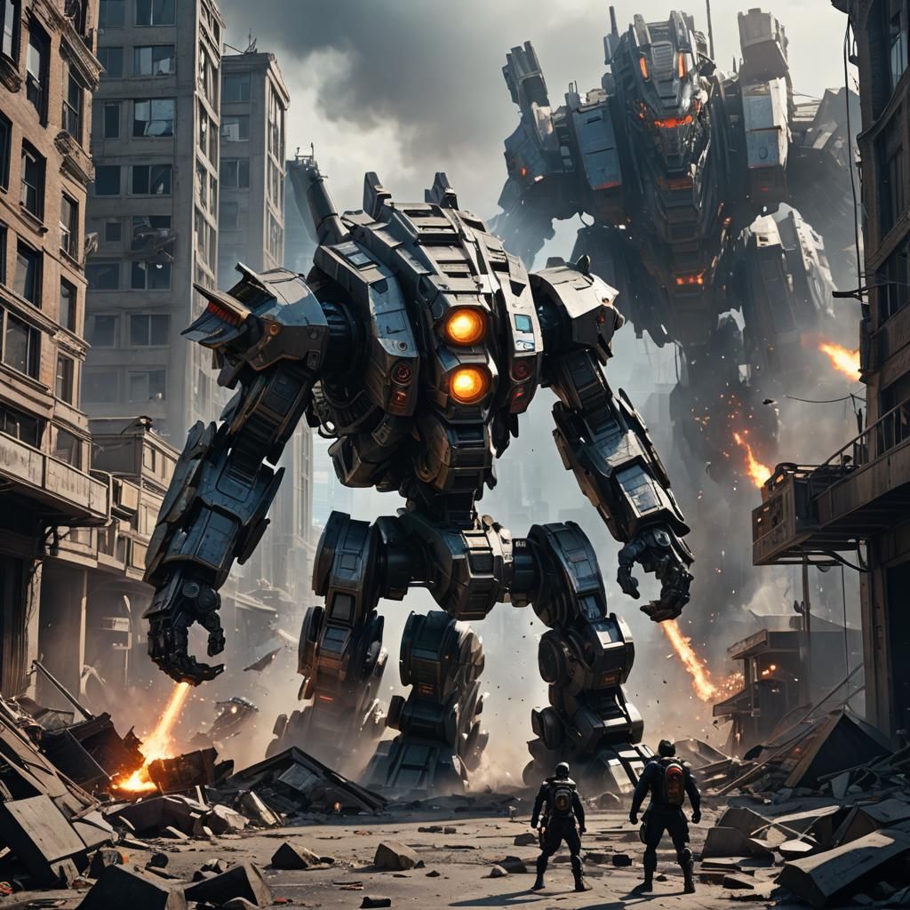 Mech and Kaiju Battle in Sci-Fi Cityscape