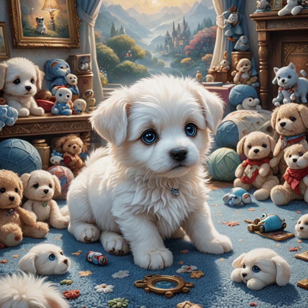 Cute Puppy with Big Eyes in Fantasy Style