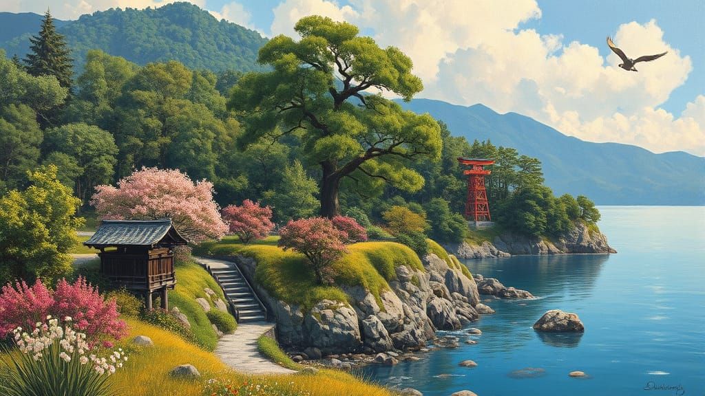 Serene Japanese Summer Landscape as Oil Painting