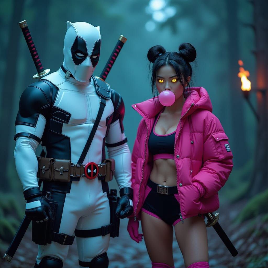 Deadpool and Melinna in a Vibrant Cinematic Forest
