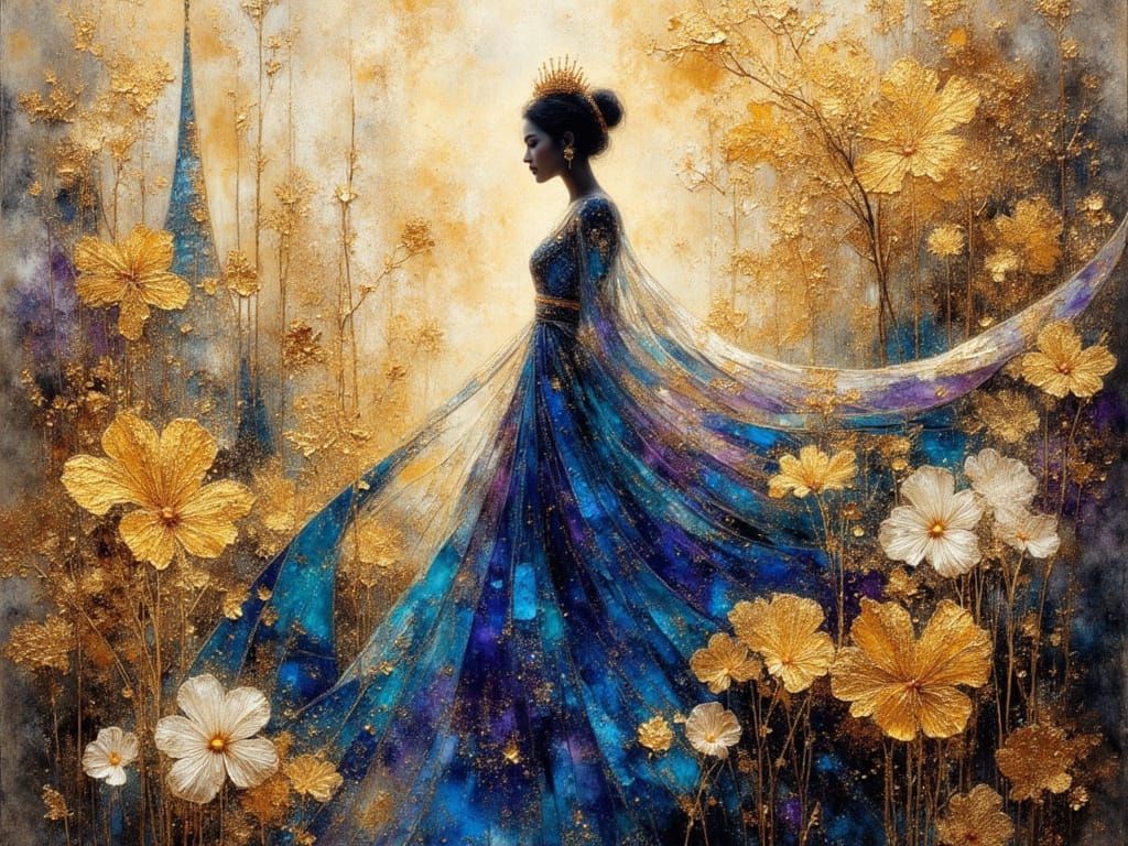 Thai Princess Silhouette with Temple Spires, Impasto Style