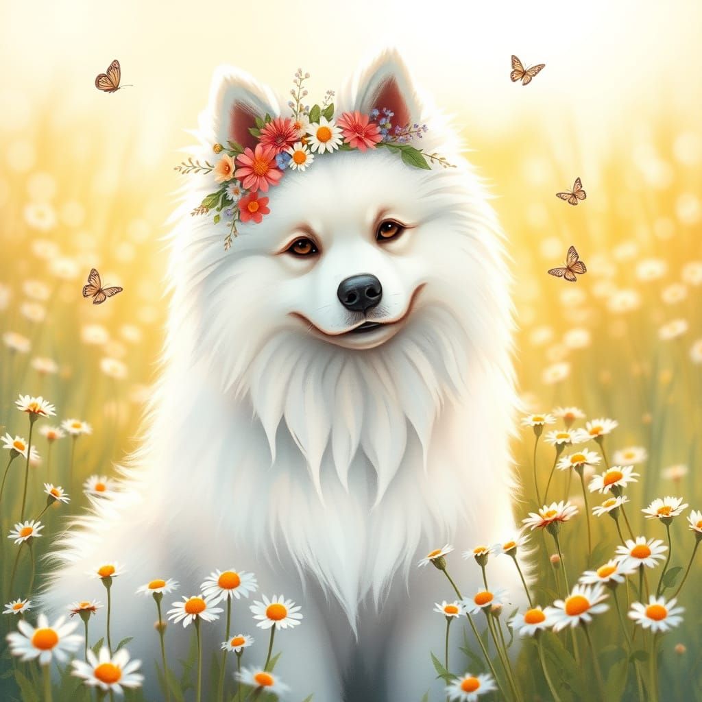 Whimsical Watercolor Samoyed in a Field of Daisies