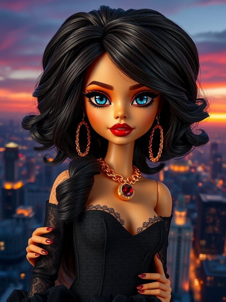Hyper-Realistic Bratz Doll in Chic Gothic Outfit