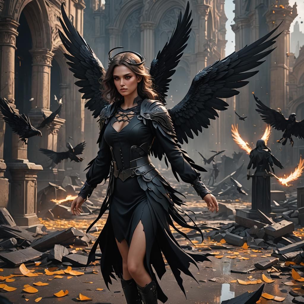 Fallen Angel with Black Wings in Detailed Matte Painting