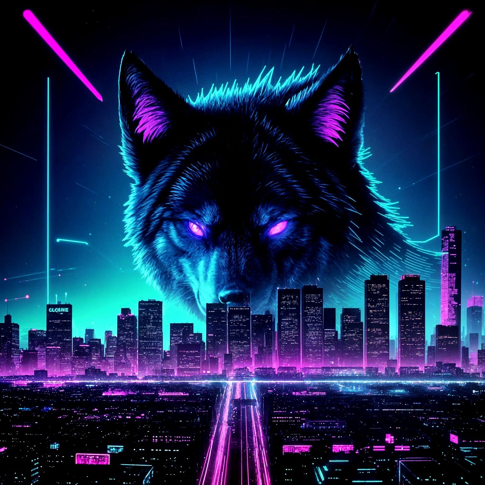 Wolf Silhouette Over Neon Cityscape