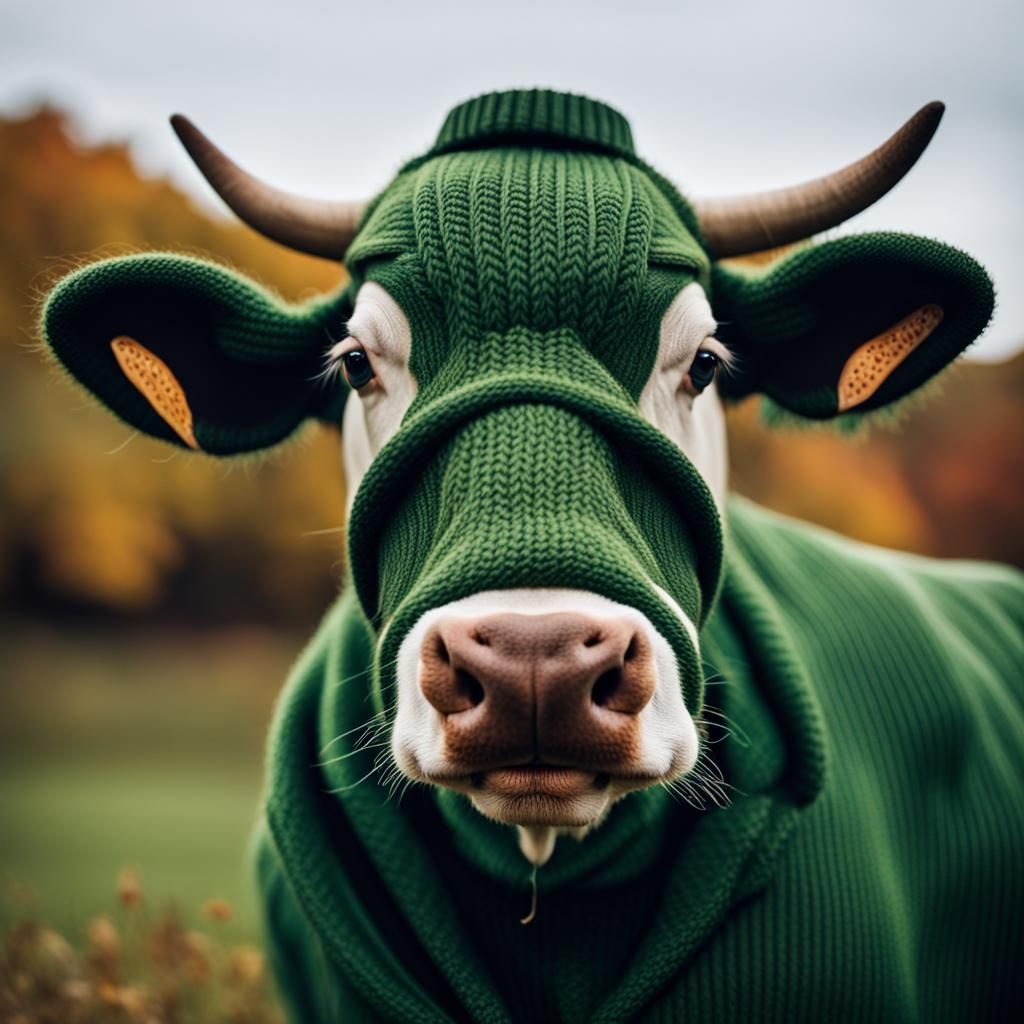 Cow in Green Sweater: Autumnal Farm Fashion