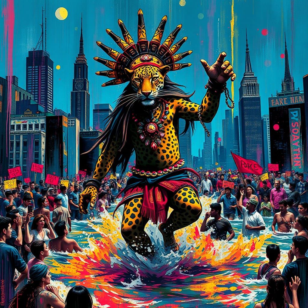 Leopard Shaman's Flood Dance: A Street Art Vision