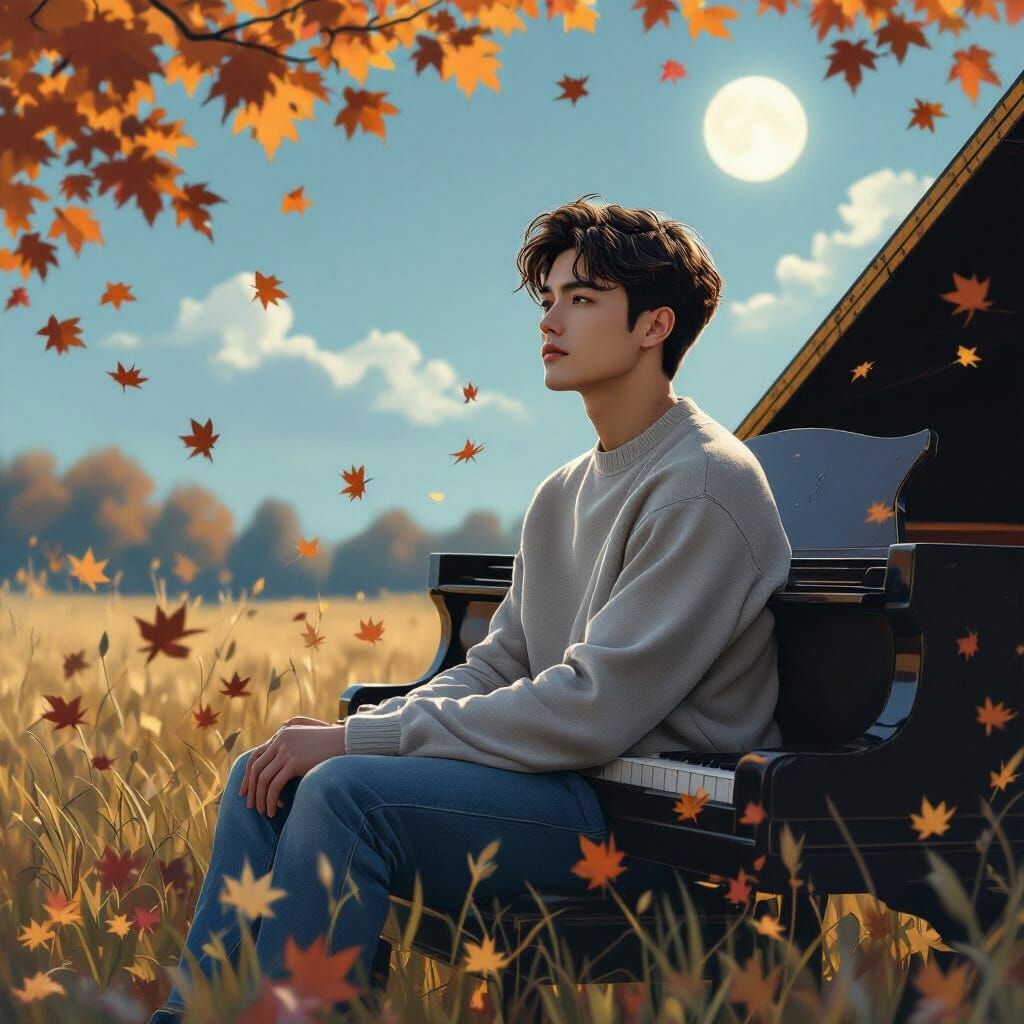 Dreamlike Piano Scene with Autumn Leaves