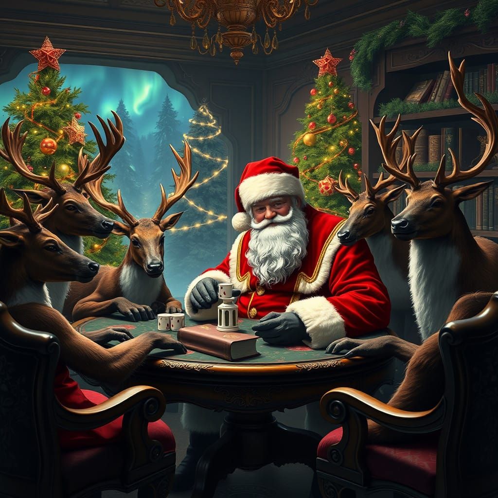 Santa Claus Plays Poker with Reindeer in Enchanted North Pol...