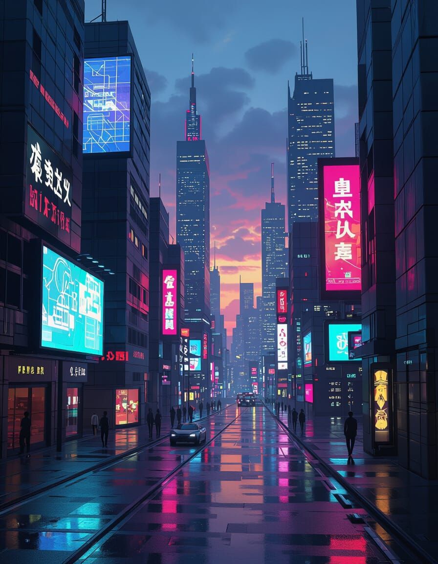 Futuristic Cityscape with Neon Lights in Digital Art Style