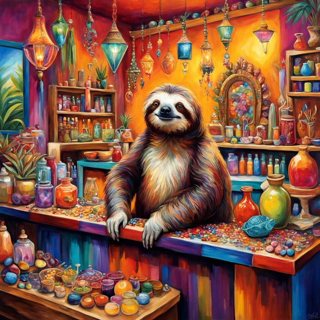 Whimsical Sloth Shop Keeper in Vibrant Oil Painting