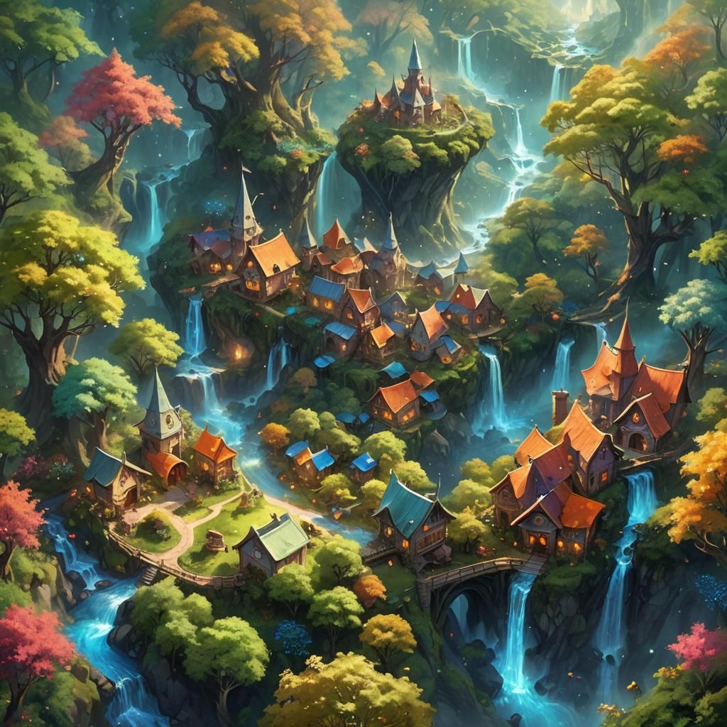 Enchanting Elven Village with Wizard in Digital Art