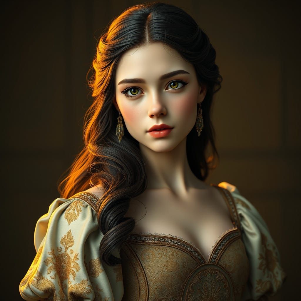 Medieval Maiden in Lavish Gown, Oil Painting Style