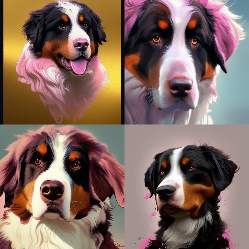 Pink Bernese Mountain Dog Portrait in Digital Art Style