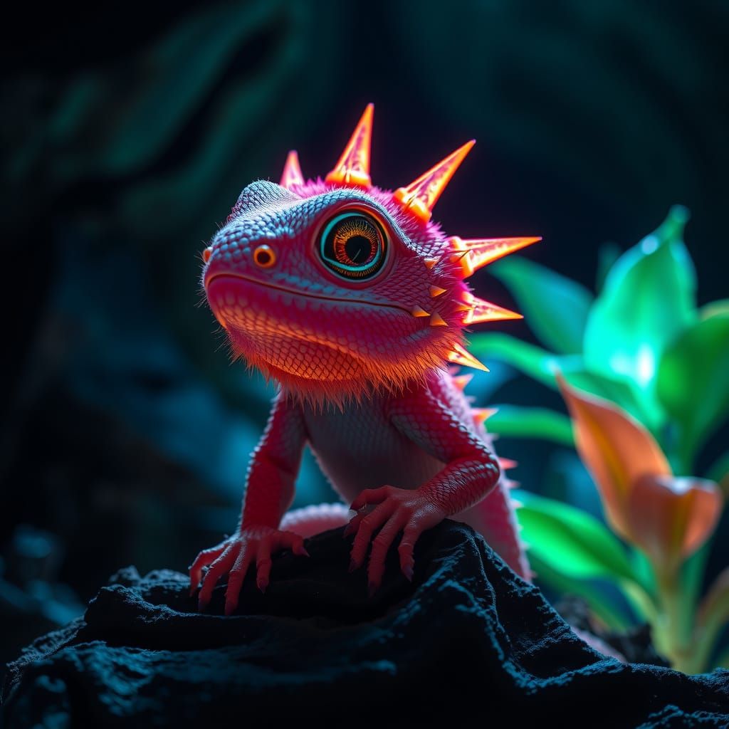 Glowing Furry Reptile in Neon-Lit Cave