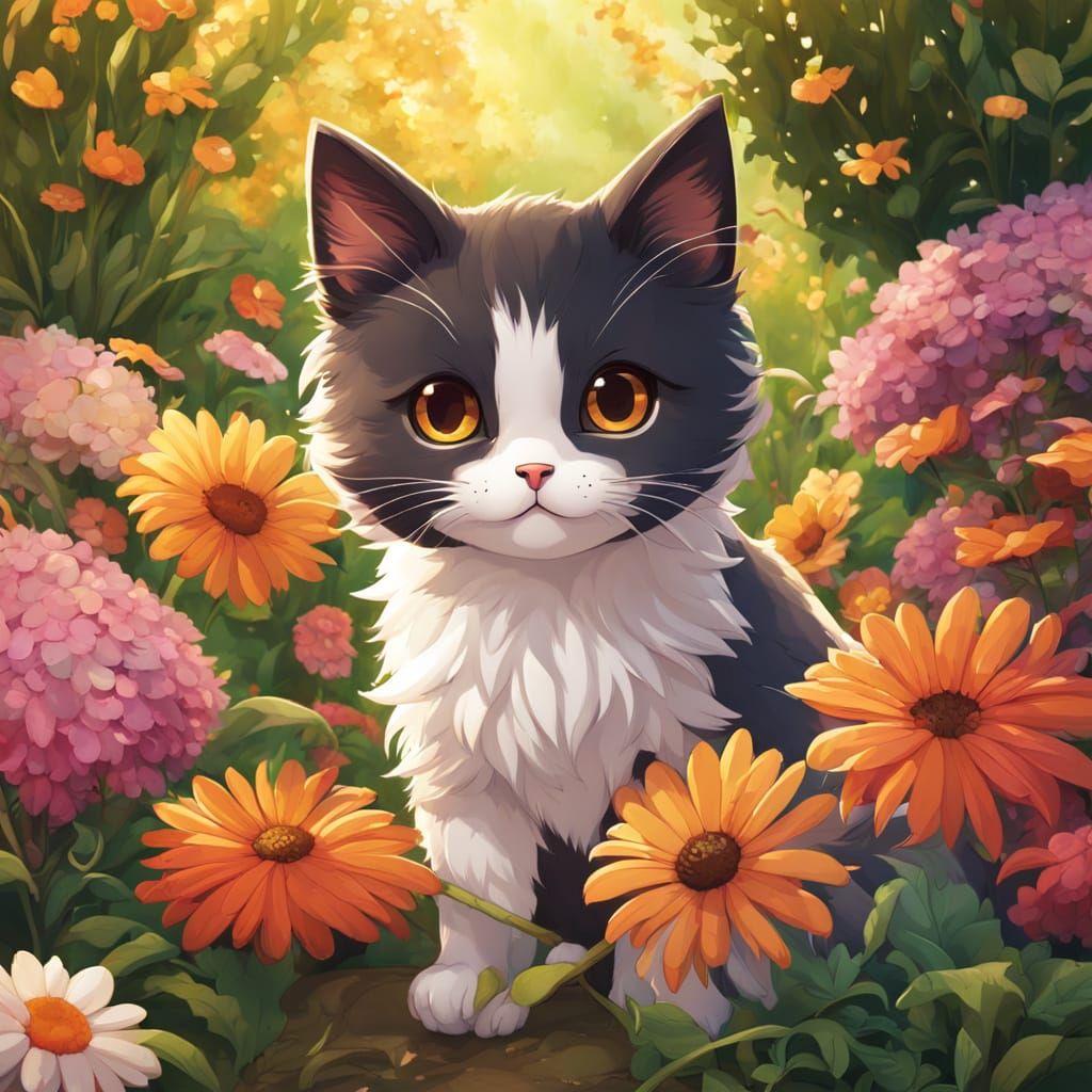 Chibi Garden Scene with Fluffy Kitten