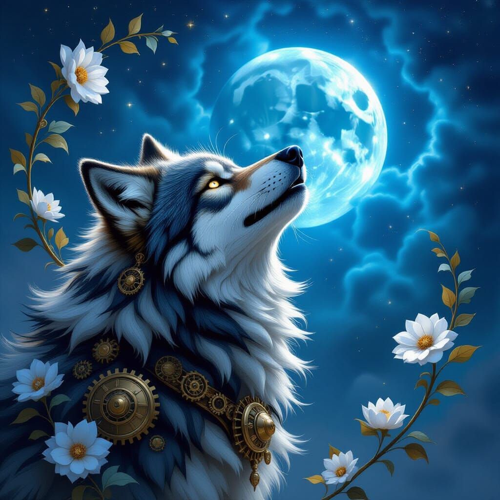 Steampunk Wolf Howling at Nebula Moon