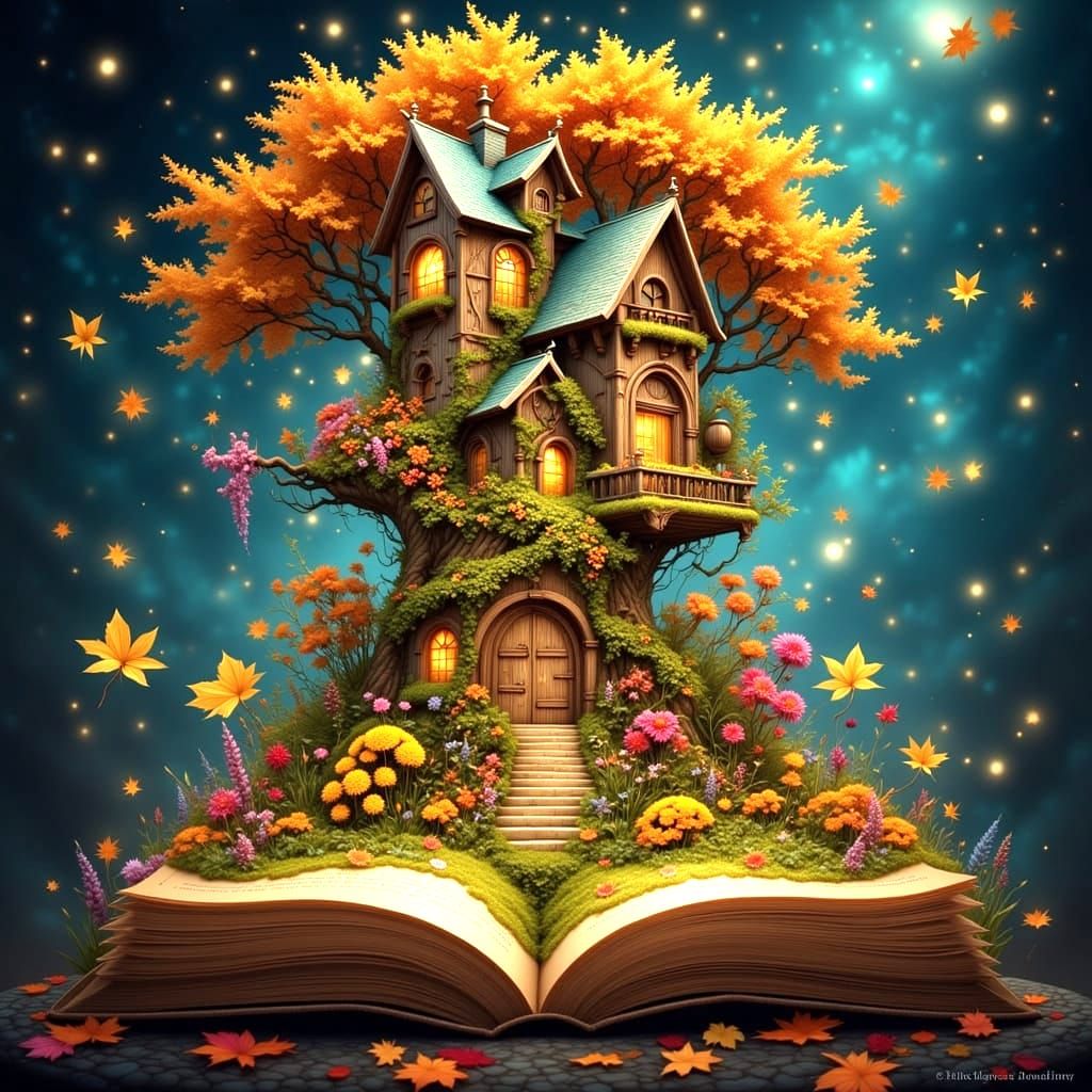 Enchanted Cafe Above Autumn Garden in Digital Art Style