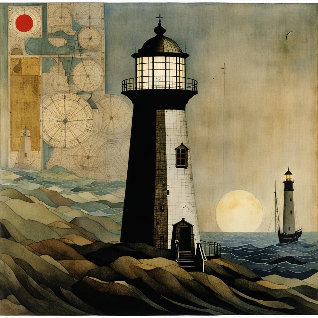 Lighthouse in Foggy Night: Vintage Collage Style