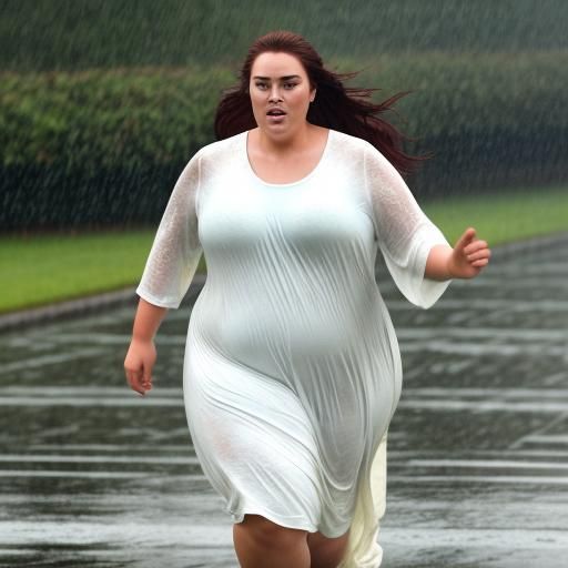 Curvaceous Woman in Flowing Dress Runs in Rain