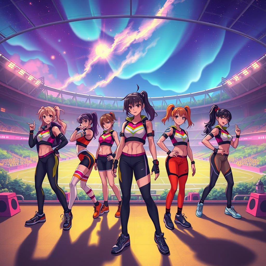 Anime Gym Class in Futuristic Stadium with Lush Greenery