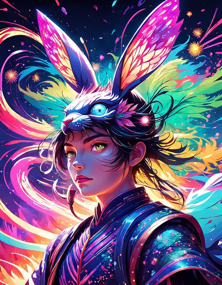 Serene Celestial Enchantress Amidst Pyrotechnic Spectacle