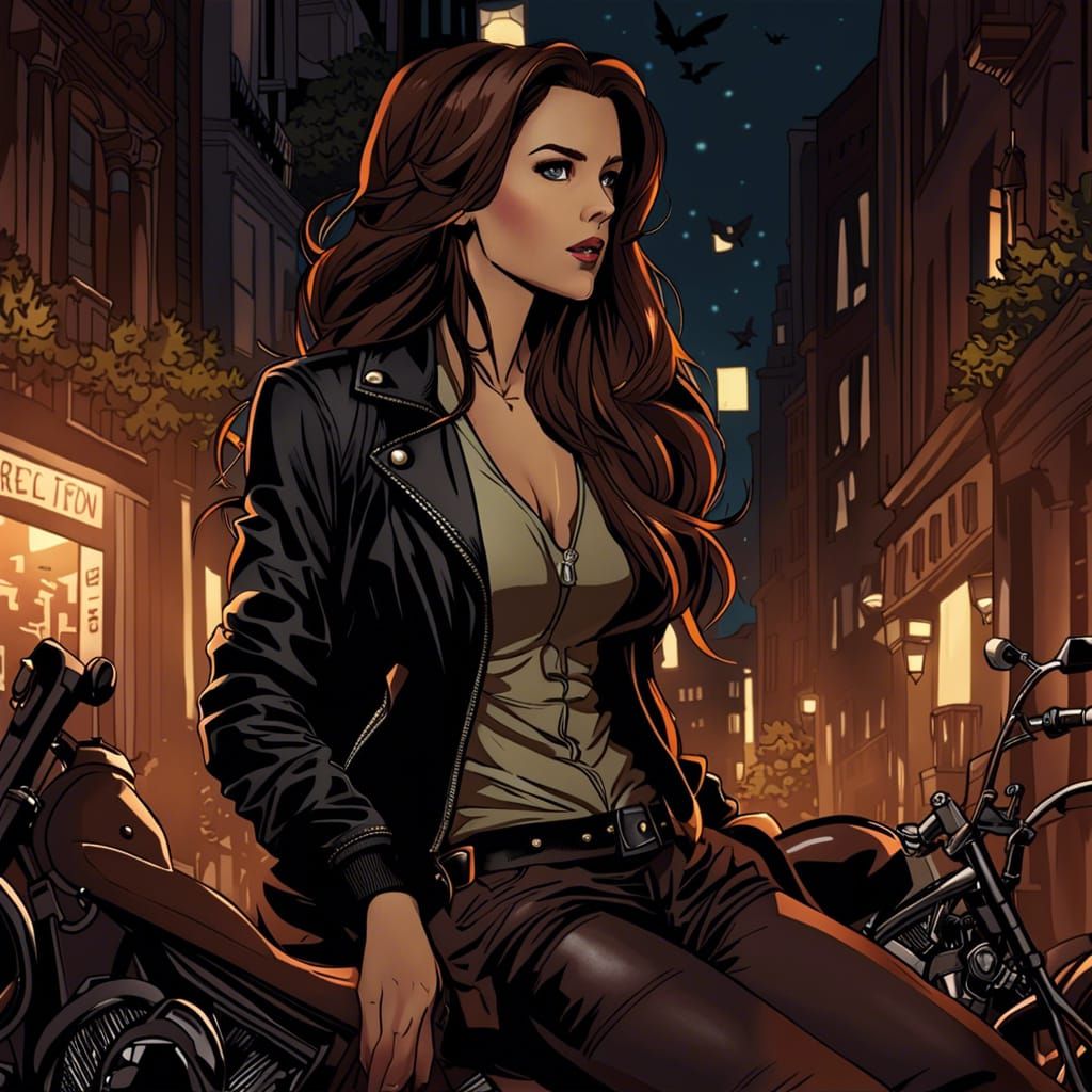 Stefanie Joosten Inspired Comic Art Biker at Night