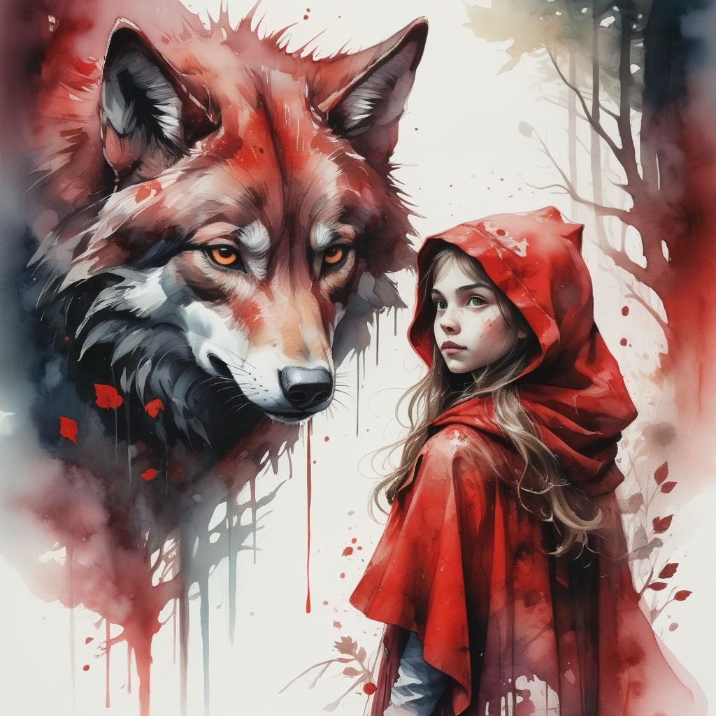 Portrait of Little Red Riding Hood with the wolf