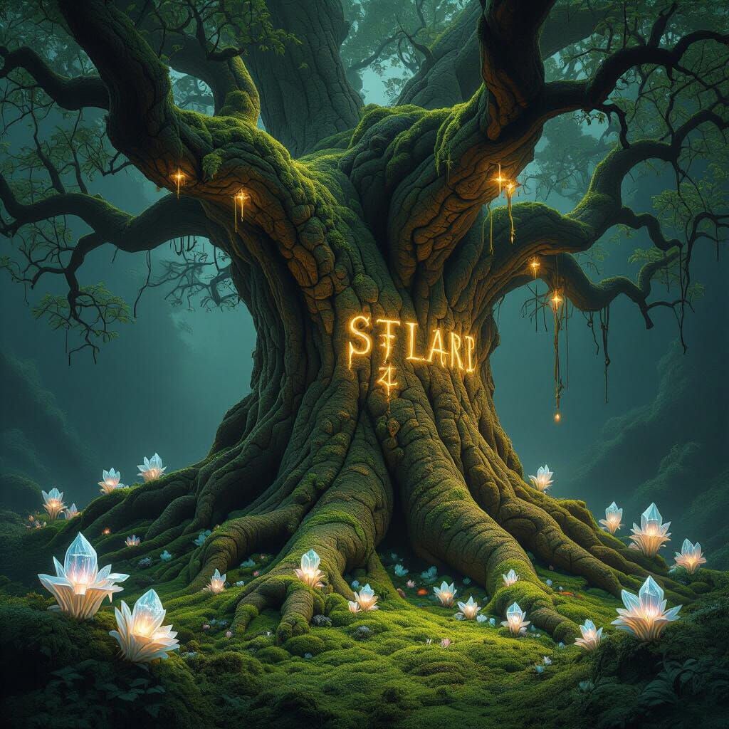 Ancient Tree with Glowing Runes in Mystical Subterranean Wor...