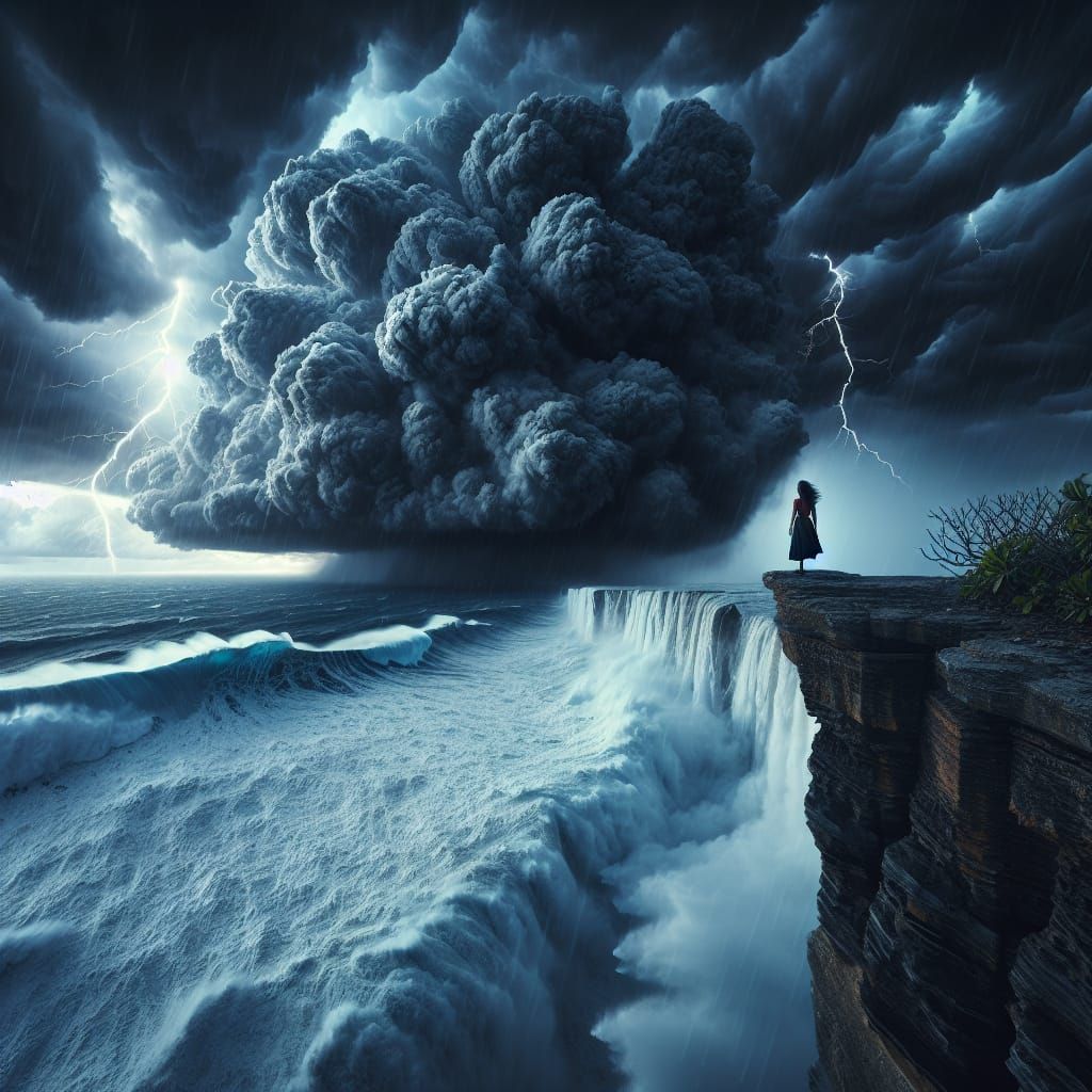 Resilient Woman Amidst Stormy Seas in Cinematic Style