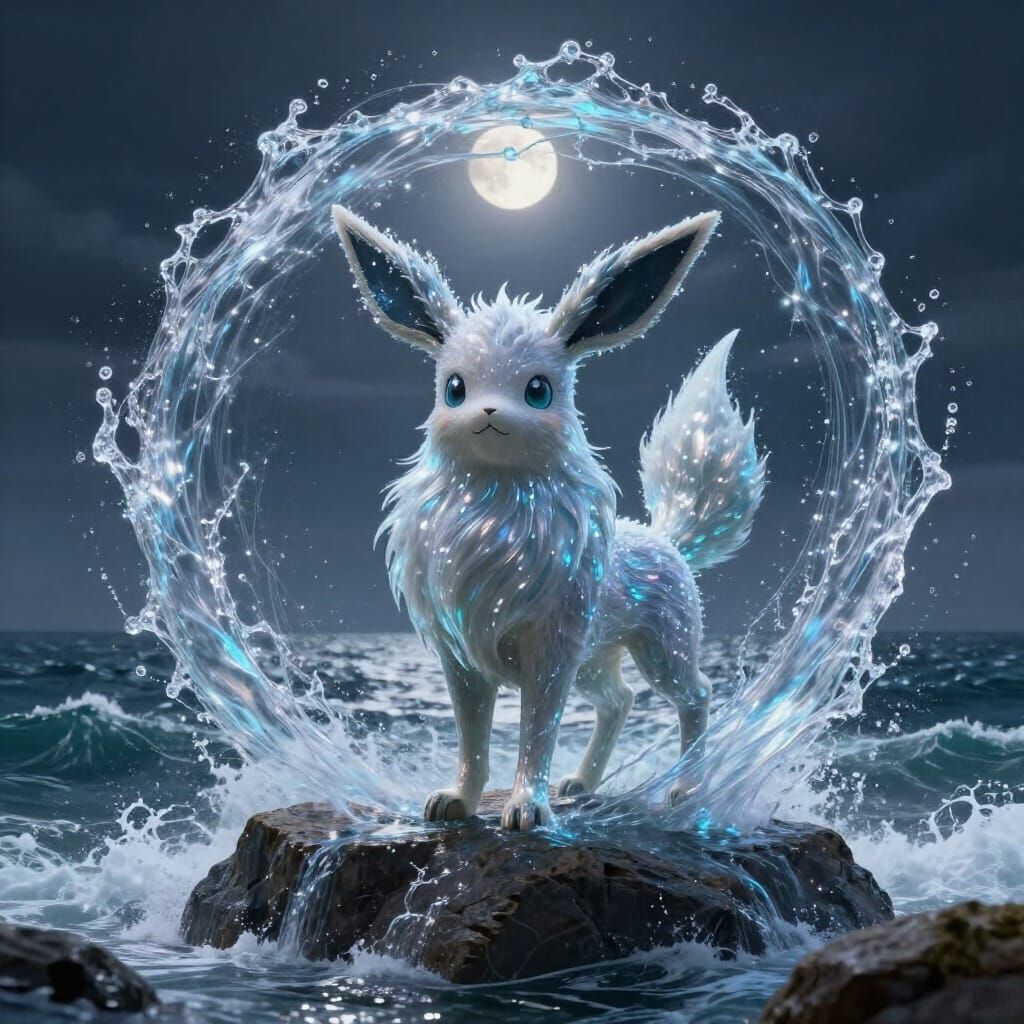 Majestic Vaporeon with Water Magic on Rocky Outcrop