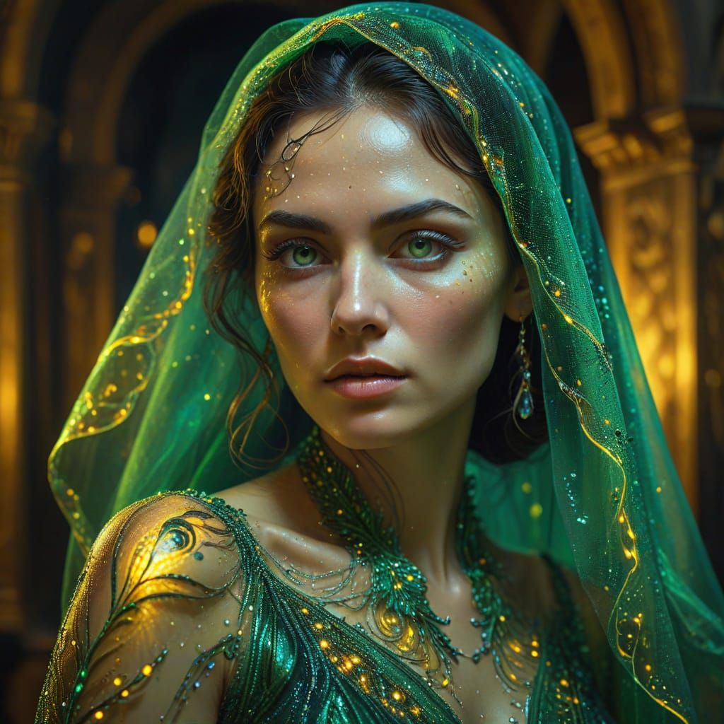 Woman with Digital Veil in Surrealist Oil Painting