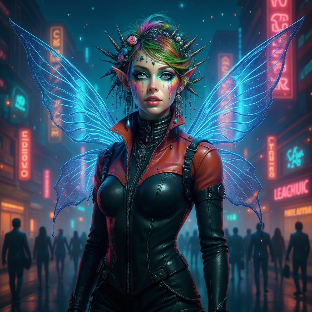 Cyberpunk Fairy in a Futuristic Cityscape