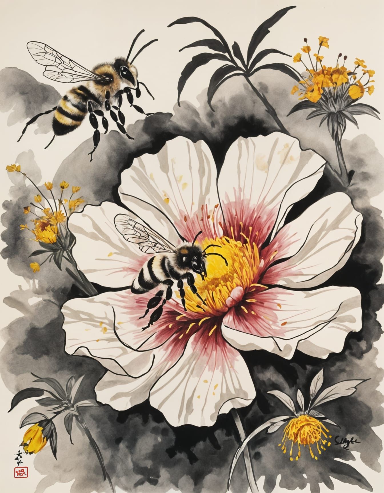 Bee on Flower in Sumi-e Painting