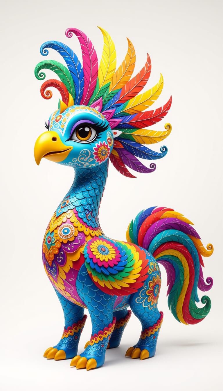 Rainbow-Feathered Whimsical Alebrije in Surreal Style