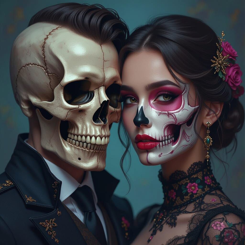 Couple's Dual Faces: Flesh and Skull Portrait